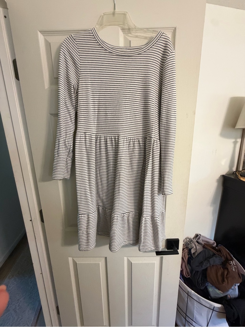 White and Black Stripe Long-Sleeve Tiered Dress
